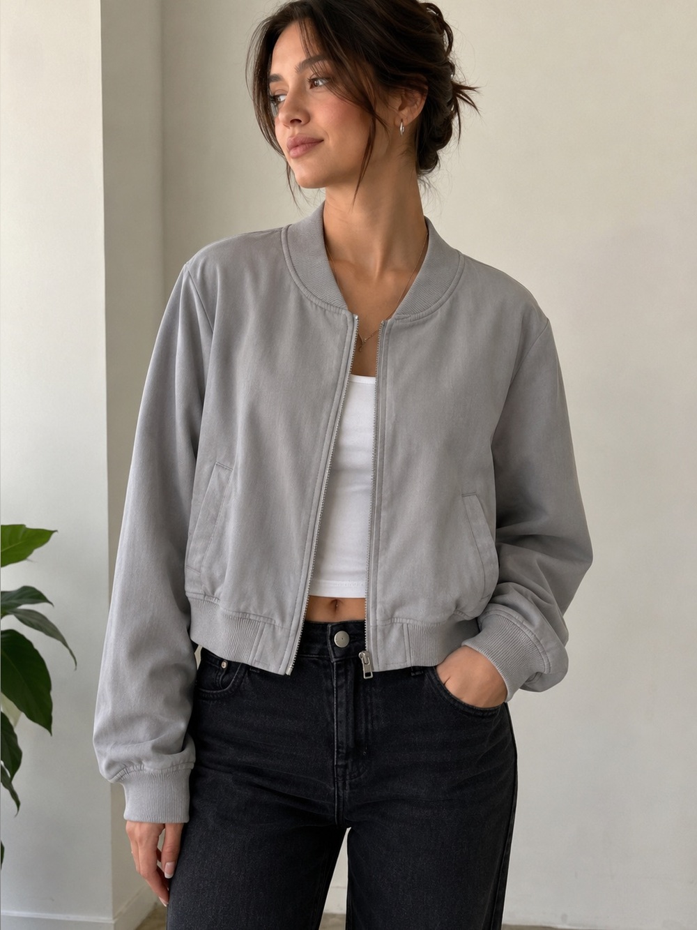 Halogen Gray Zip Bomber Jacket Size M
